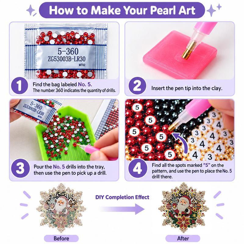 Christmas Acrylic Pearl Ornament Kit, DIY Suncatchers, 3D Mixed Pearls,7.87/9.72Inch Snowflake Santa, Xmas Decor & Gifts
