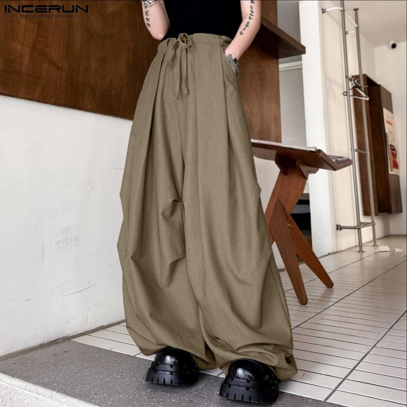 INCERUN Herren Elastischer Bund hinten Rüschen Lässige Lange Weitbein Hose mit Taschen