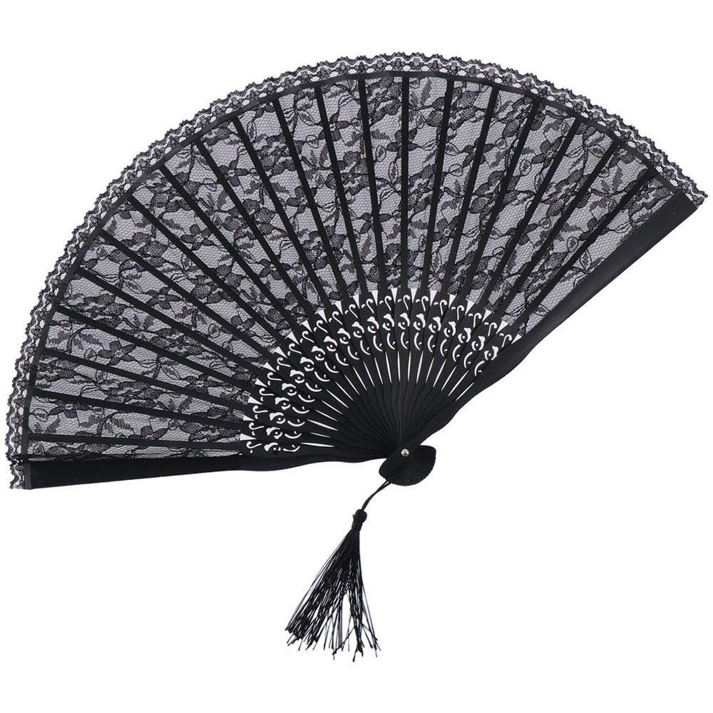 

Qicarkey Lace Folding Chinese Vintage Handheld Fan with Bamboo Silk Fan with Lace Decorative Hand Fan for Party Favor Fan, 8.85-inch Bag, Flowers,