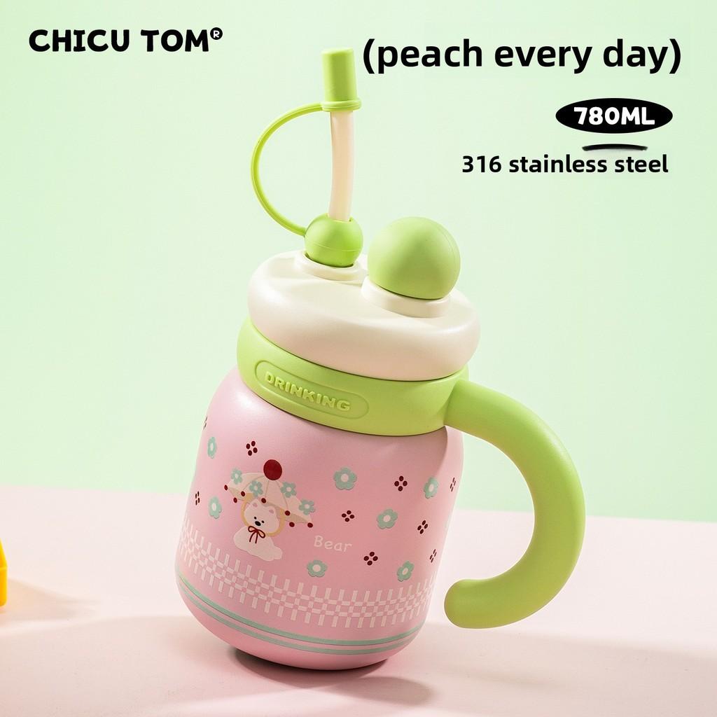 Flower Apple Umbrella Cat Print Large Capacity Stainless Steel Insulated Cup With Handle And Straw For School And Home Use