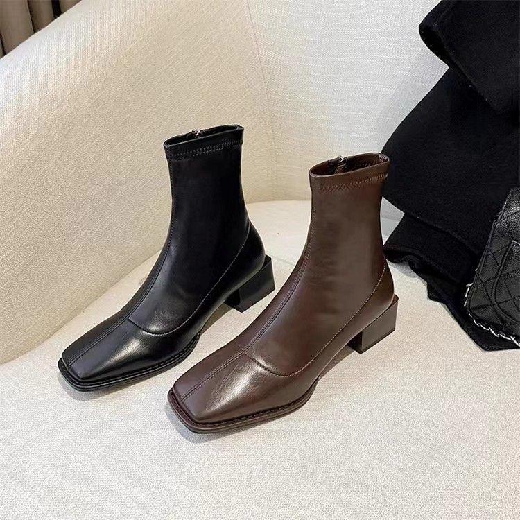 European & American Kendall Square Toe Chunky Heel Ankle Boots - Autumn/Winter Patent Leather Fashion for Women.