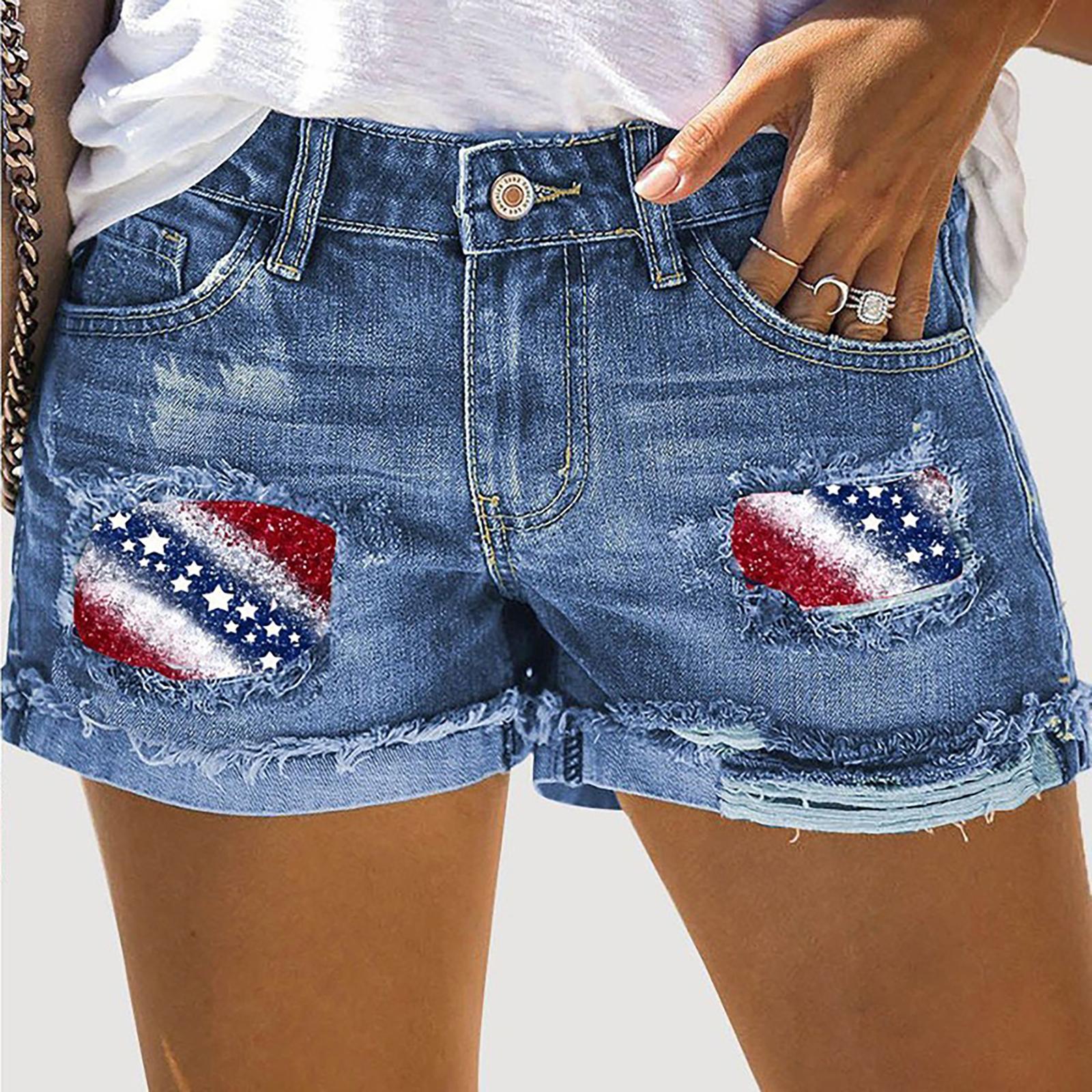 

Women s Mid Rise Denim Shorts with Distressed Details and Frayed Hem Casual Summer Jean Shorts with Printed Patchwork Design XL синій