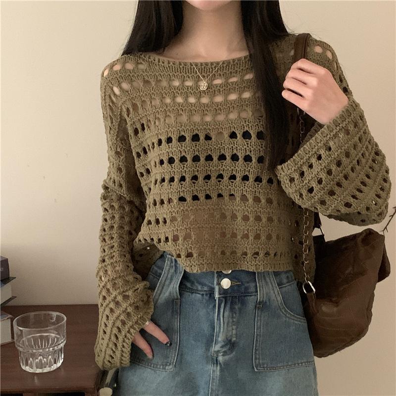 Women's Fashion Crew Neck Long Sleeve Loose Knitted Pullover Lazy Design Niche Hollow Grid Knitted Sweater