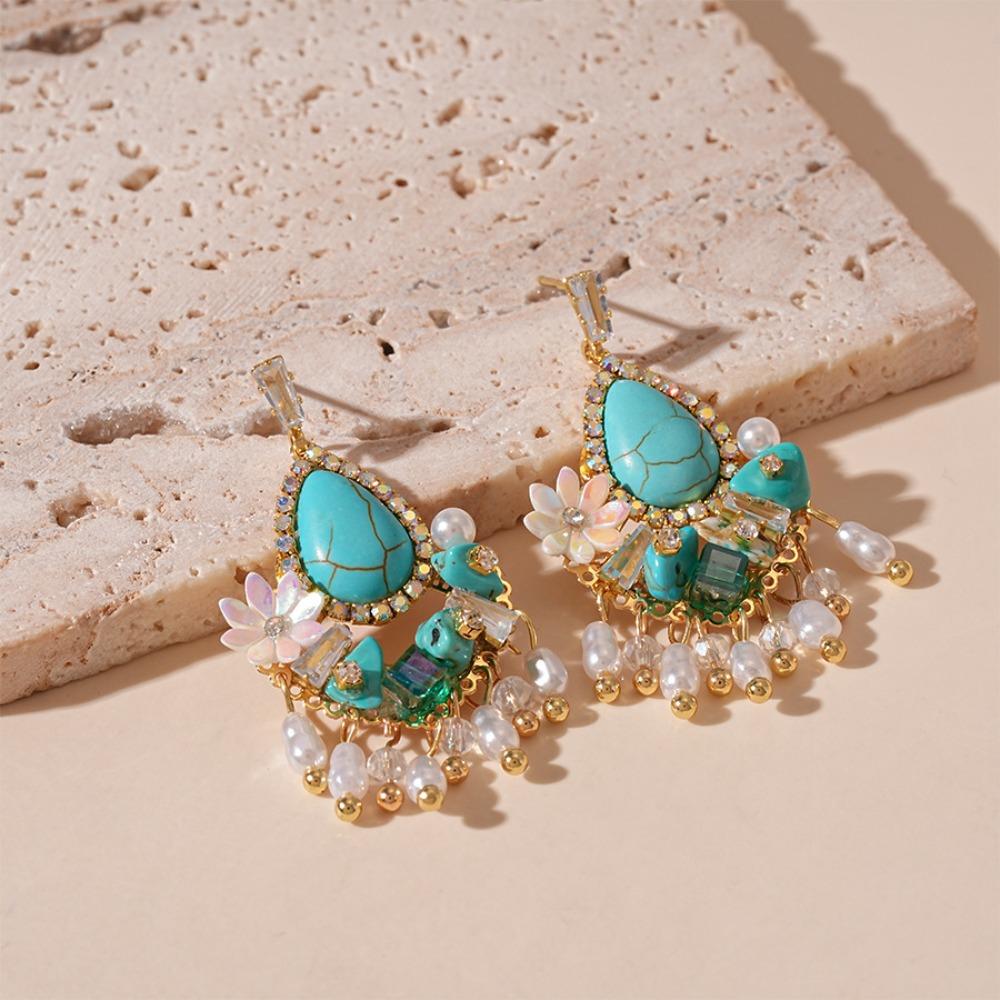 Pearl Flower Shape Bohemian Turquoise Earrings Bohemia Style Earrings Pendant  Summer Party