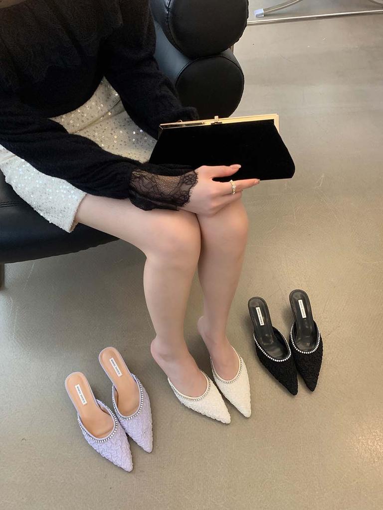 fashion Fashion Women Slides Slippers Pointed Toe Summer Outside Mules Shoes Thin Low Heeled Rhinestone Chain Casual Slip On Pumps 35-39