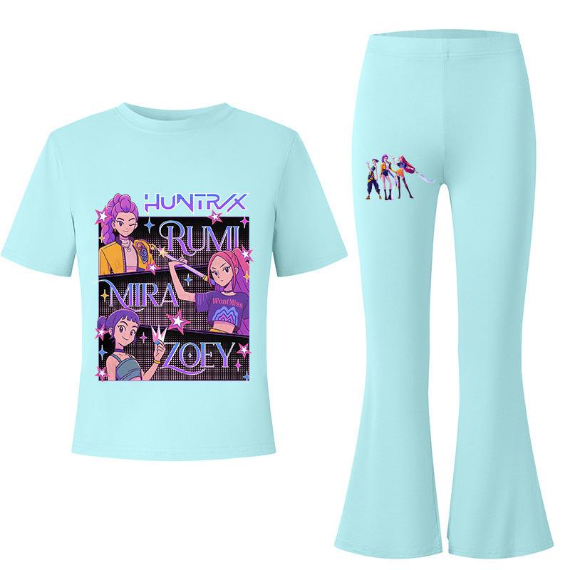 Demon Slayer KPOP Theme Big Kids Summer Short Sleeve T-Shirt + Draped Flared Pants Comfortable Non-Sweaty