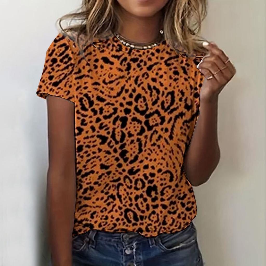 Summer Women's Classic Versatile T-Shirt, Stylish Short-Sleeve Leopard Print Color Block Casual Crew Neck T-Shirt