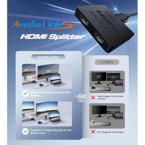 avedio links HDMI Splitter 4K@60Hz, HDMI Splitter 1 in 2 Out, HDMI Splitter for 2 Same Screen Only Mirror Screens, Support 3D Dol-by Vision Atmos