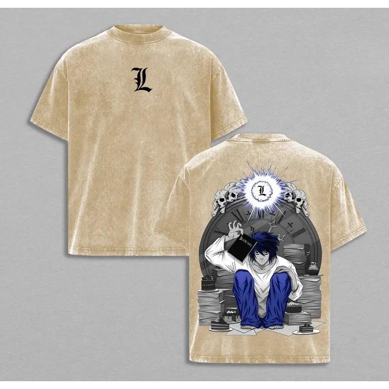 

L·Lawliet Print T-shirt DEATH NOTE Anime Clothing Men Short Sleeve Cotton Tshirts Vintage Washed Tee Harajuku Oversized T Shirt XXL коричневий