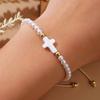 Women's Handmade Woven Bracelet, Bohemian Style, White Faux Pearl Cross Charm, Adjustable Bracelet