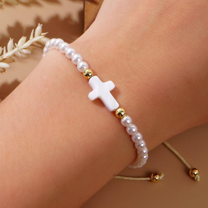 Women's Handmade Woven Bracelet, Bohemian Style, White Faux Pearl Cross Charm, Adjustable Bracelet