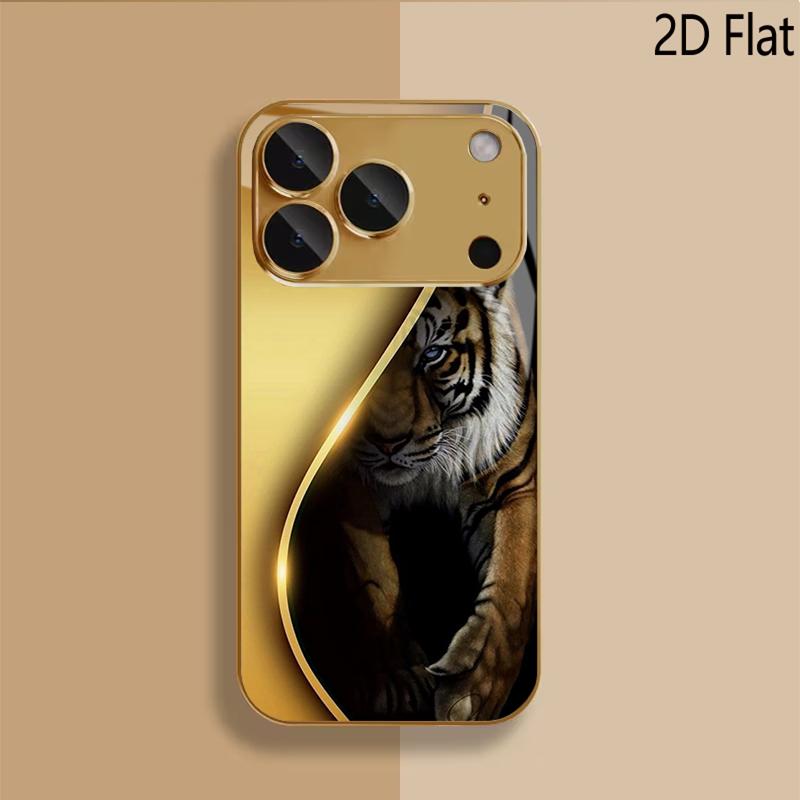 Golden Tiger Patterned tempered glass design for iPhone16 17 ProMax 1514 1312 11ProMax Phone Case Camera Cover Shockproof Hard B