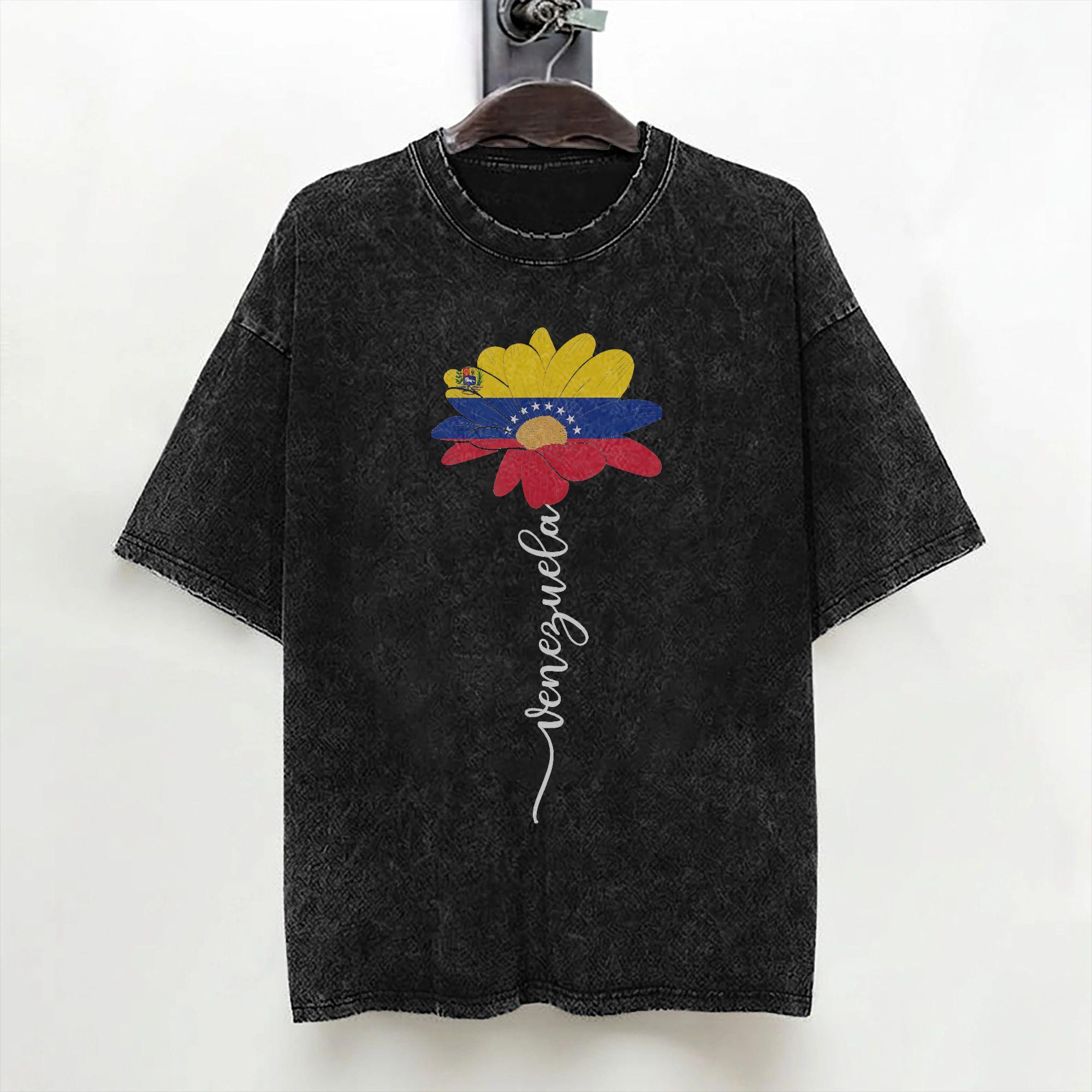 Venezuela Flag Sunflower Vintage Venezuelans Lover T Shirts Washed Short Sleeve TShirt Vintage Men Women Streetwear Tee Shirt S