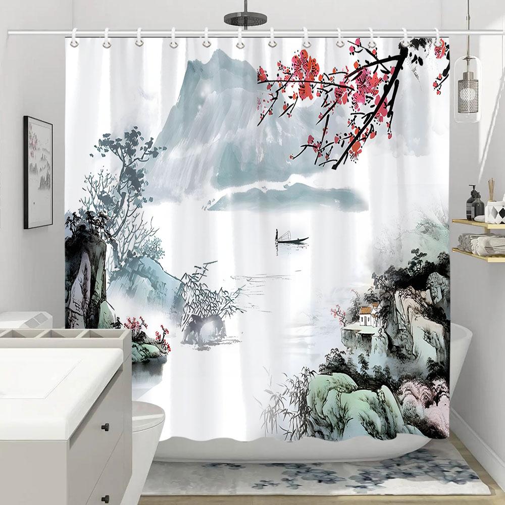 Shower Curtain Red Plum Blossom Branch Japanese Chinese Oriental Sun Misty Mountains Ink Nature Landscape Bathroom Curtains