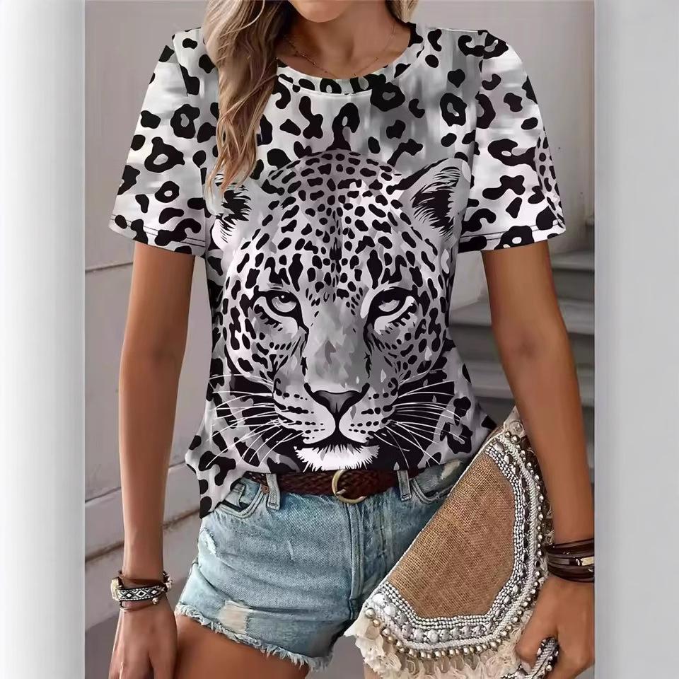 Summer Colored Leopard Print 3D Printed T-shirts for Street Casual and Fashionable Round Neck Short Sleeved Women's T-shirts