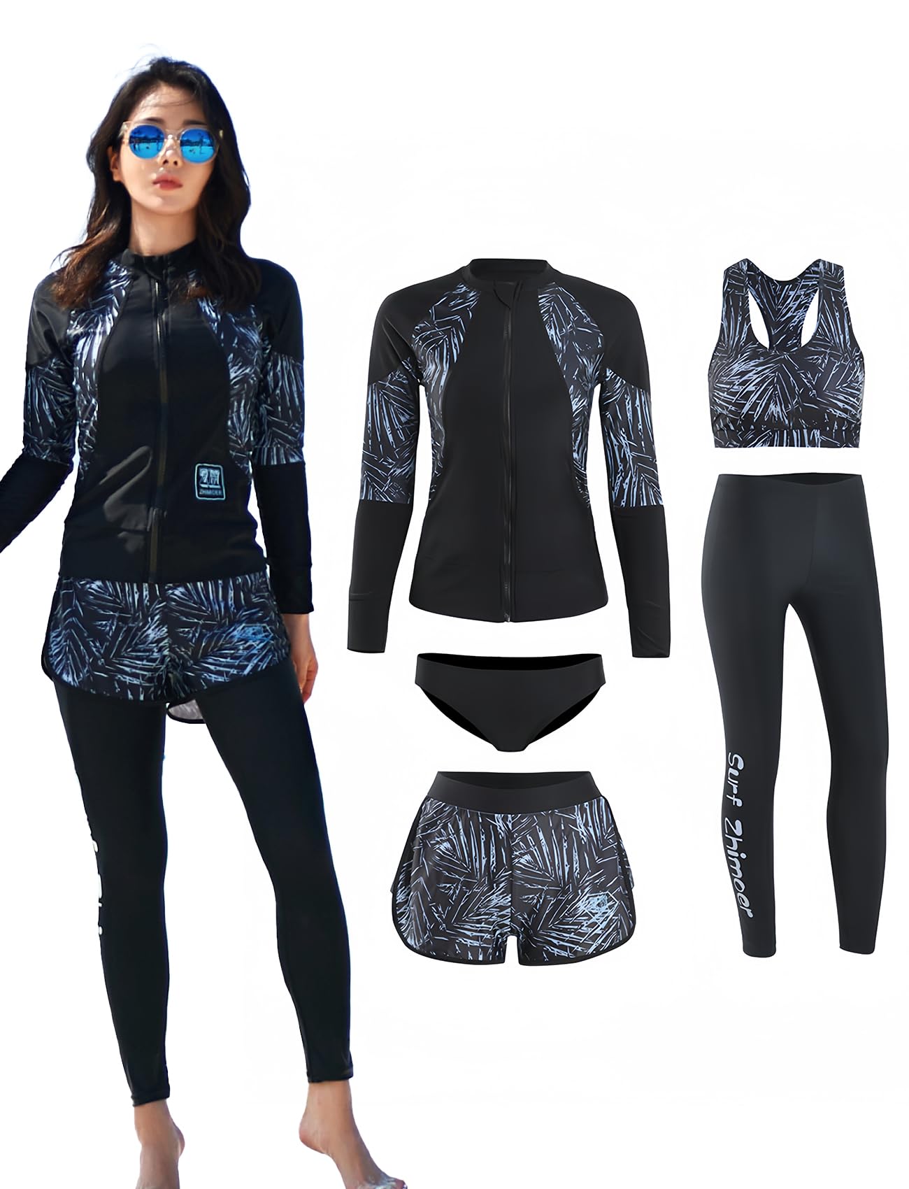 

Женский купальник-рашгард из 5 предметов Beatgos, с длинным рукавом, защита от УФ-излучения UPF 50+, для фитнеса, милый, амфибийный (Женский 2003, 3XL)