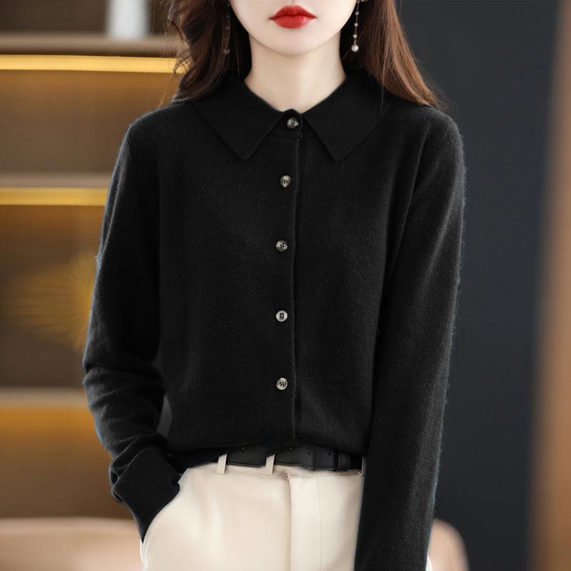 Women's Collar Knitted Cardigan Basic Versatile Top Spun Wool Jacket Elegant Single Breasted Sweater