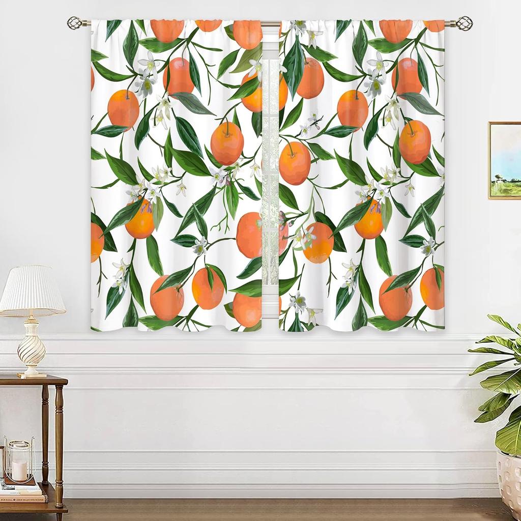 Orange Leaves Small Kitchen Curtains Allover Fruits Citru Window Treatment Leaves Rod Pocket Cafe Short Window Curtains for