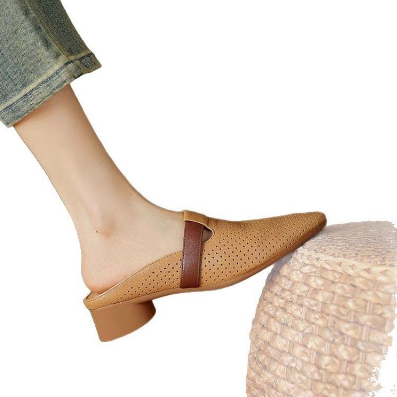 French Breathable Hollow Bag Head Half Slippers Women's 2025 New Summer Soft Leather Round Head Sandals Lazy Low Heel Muller Shoes