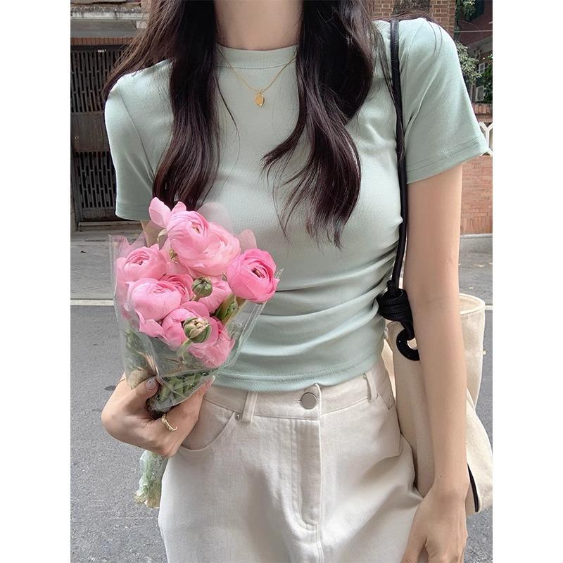 Irregular American style right shoulder short-sleeved T-shirt for women in summer hot girl high waist exposed navel slim fit versatile short top