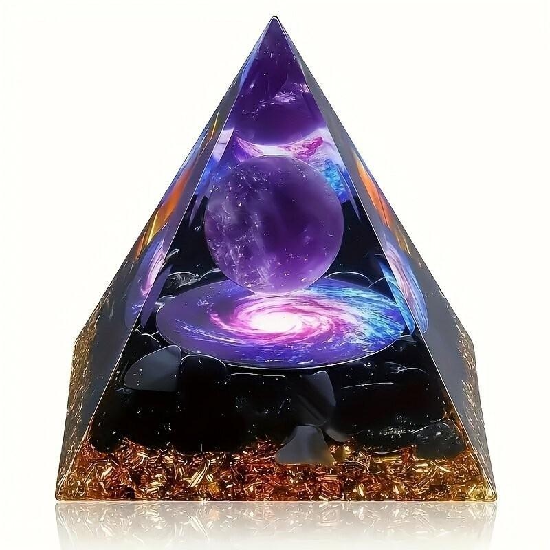 Natural Orgone Pyramid with Galaxy Design Amethyst Sphere Obsidian Filling for Meditation Gift Living Room Decor