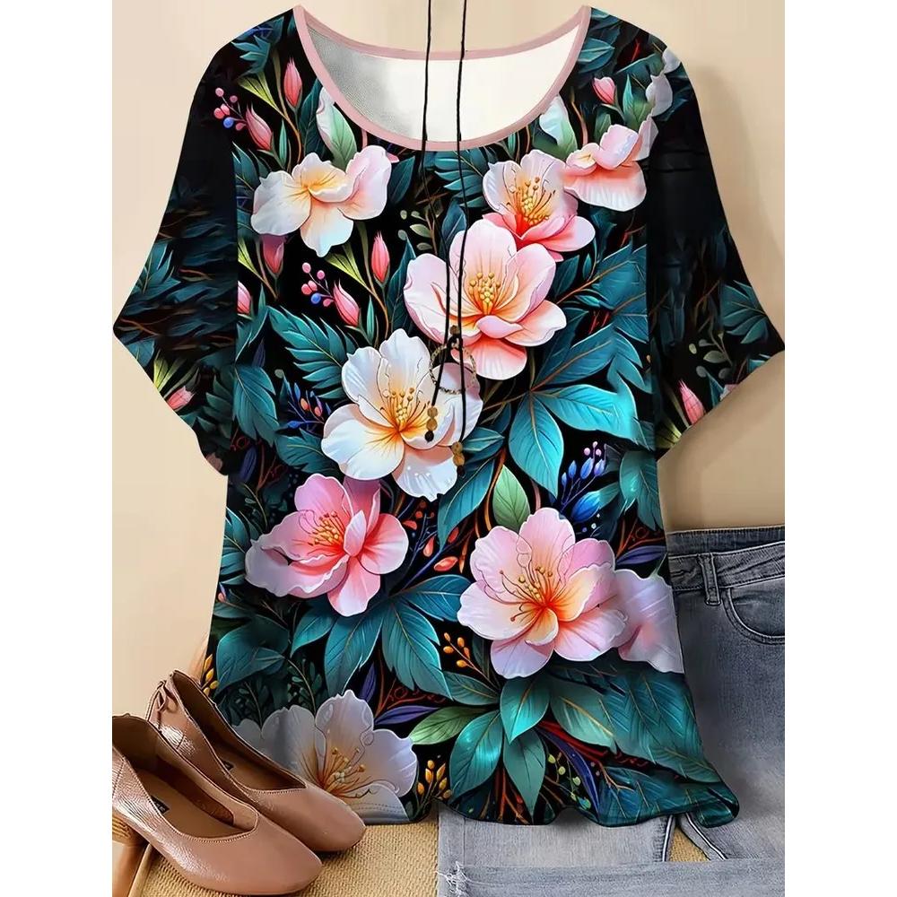 Women's Flower Print Versatile Top Casual Short Sleeve Loose Comfortable T-Shirts Women’s