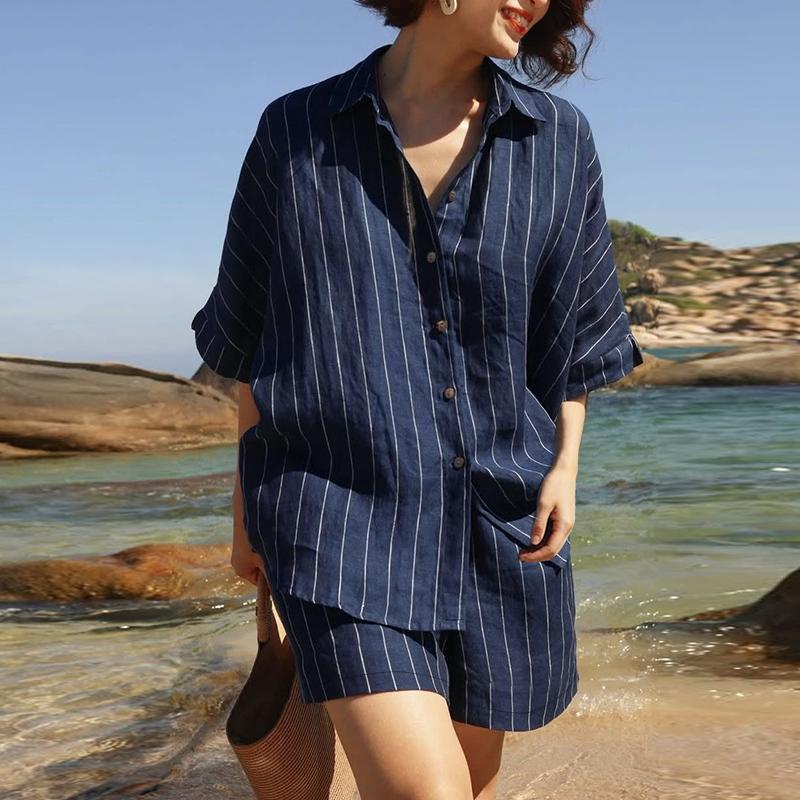 ZANZEA Women Stripe Print Short Sleeve Blouse and Shorts Summer Two Piece Suit Sets