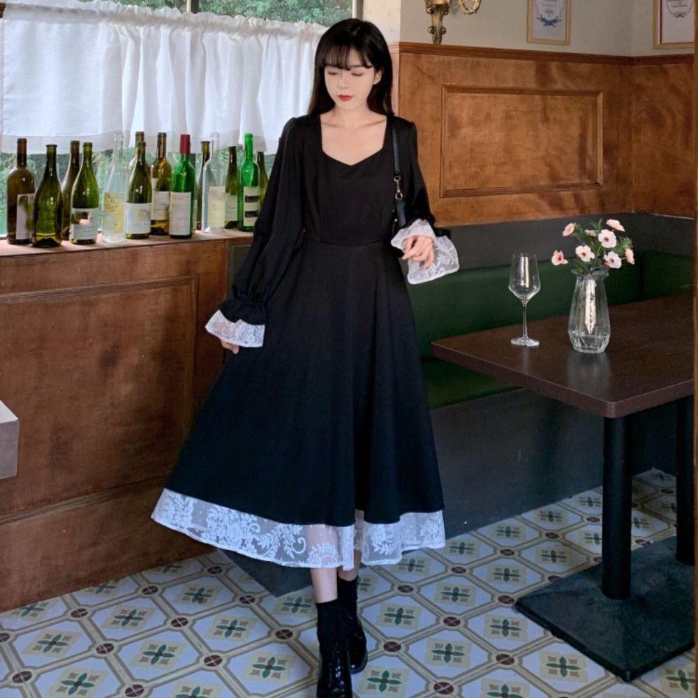 Slim Fit Lace Princes Dress Pleated Puff Long Sleeved Dress Fashion Girls Long Dress  Ladies