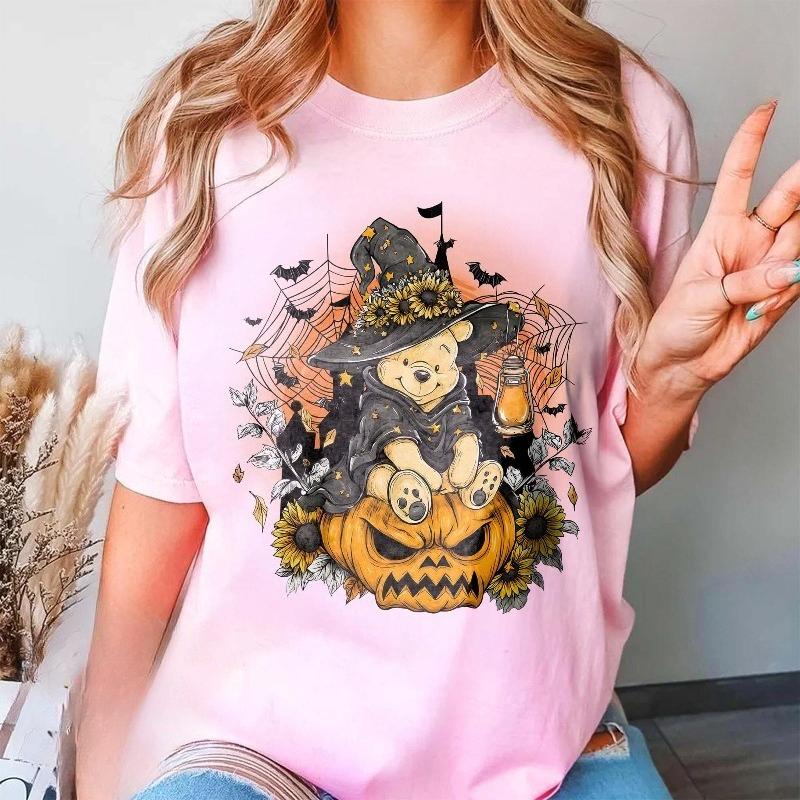 2026 New Halloween Winnie The Pooh Shirt Cute Witch Pumpkin Print Couple Womens Cotton TShirt Relaxed Travel Top