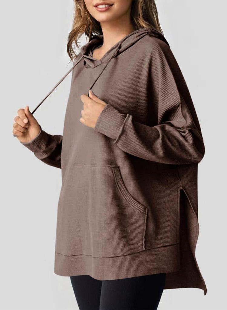 2024 Women's Hooded Waffle Knit Pullover Sweatshirt with Pocket, Long Sleeve, Autumn/Winter