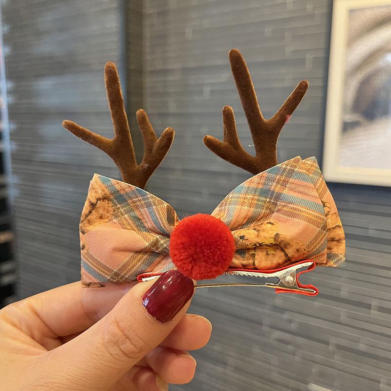 

Korean Little Bear Gingham Bow Antler Hair Clip - Children s Mori Style Christmas Deer Ears Accessory
