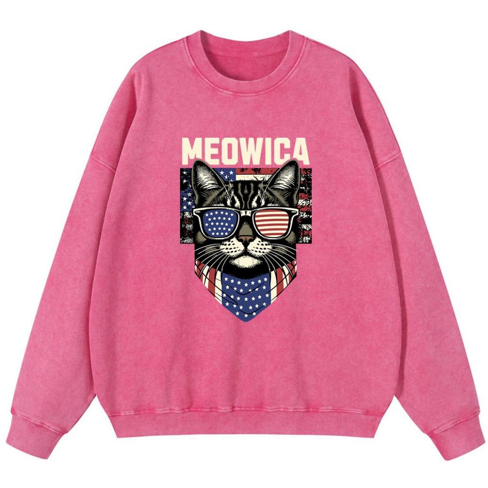 Cat Wearing American Glasses Women'S Vintage Washed Cotton Sweatshirt Thin style Simple Oversize Hoodie Street Casual