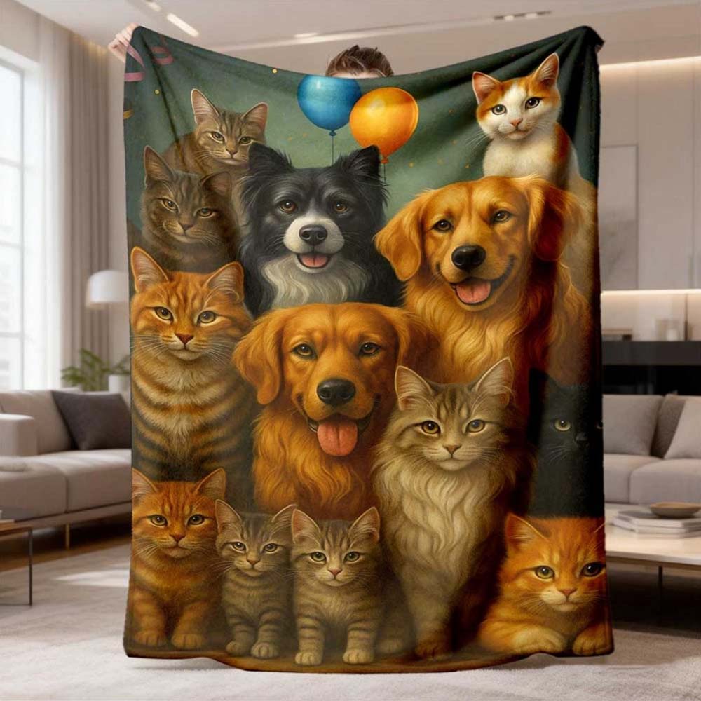1Pc  Vintage Pets Family Gathering Throw Blanket Warm Soft Cozy Flannel Blanket For Cat Dog Lovers Home Decor