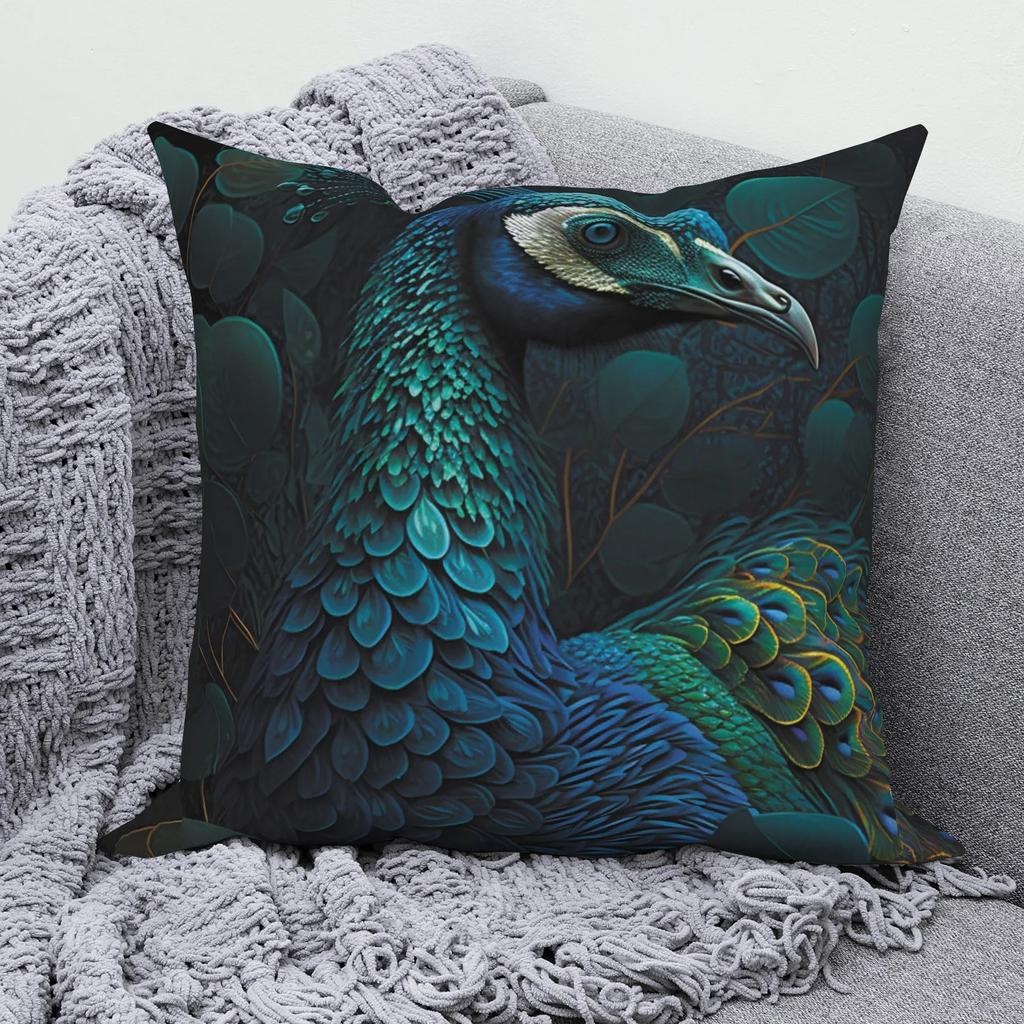 Blue peacock pattern pillowcase modern home bedroom living room sofa cushion cover 45x45cm peach skin pillowcase