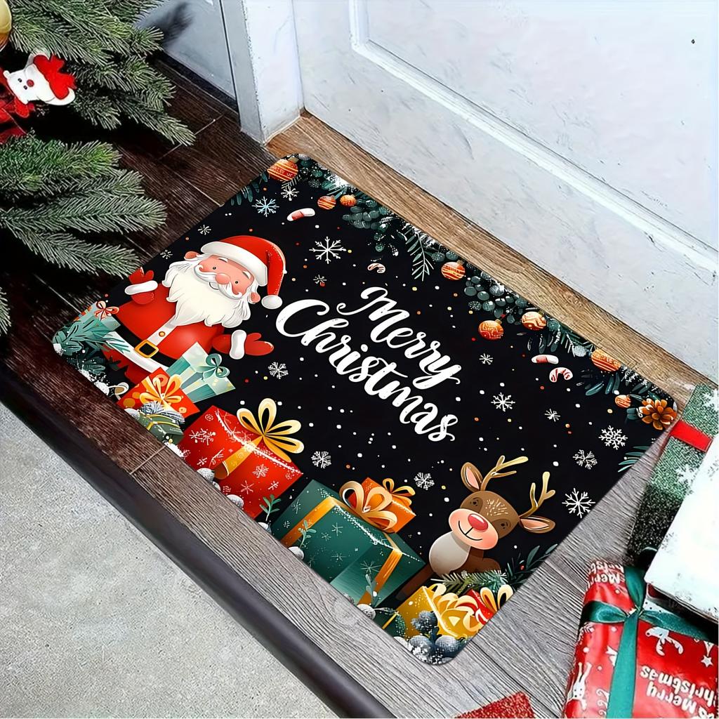 Merry Christmas Santa Reindeer Welcome Doormat,Flannel Anti-Slip Washable Fade-Resistant Rug for Indoor Outdoor Multi-Room Decor