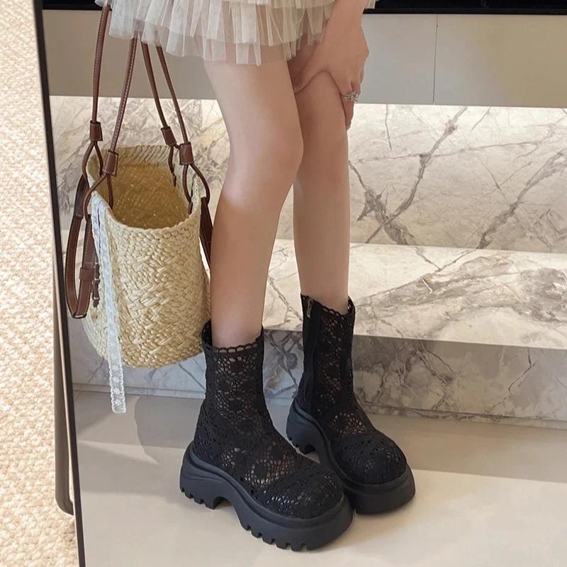 Fashion Autumn Platform Thick Bottom Woman Ankle Boot Fashion Hollow Out Breathable Shoes Ladies Elegant Lace Mordern Sandalias Booties