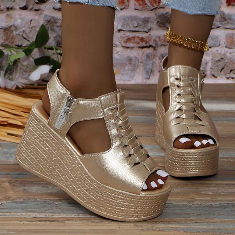 Fashion Women Gold Wedges Sandals Pu Leather Platform Thick Sole Sandals For Women High Heels Shoes Open Toe Med Heel Summer Beach Shoes