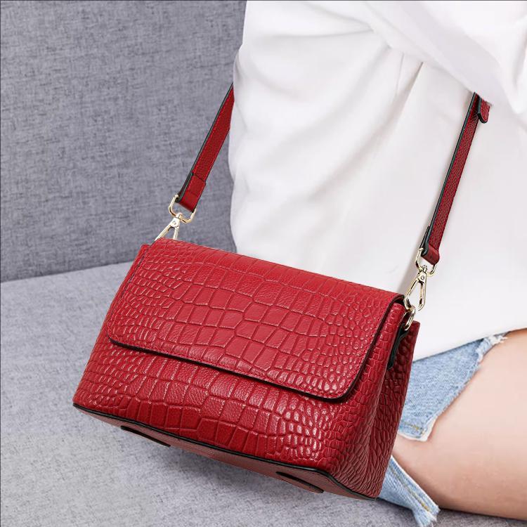 Women s Genuine Top Grain Leather Crossbody Bag Red Crocodile Pattern Shoulder Bag with Adjustable Strap and Flap Closure