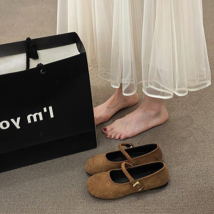 Fashion Single buckle strap flat bottom shallow mouth Mary Jane single shoes new French retro leather shoes brushed scoop shoes