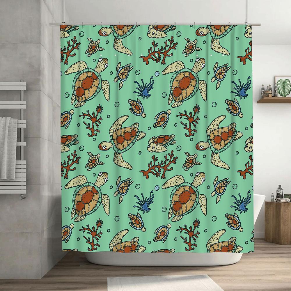 Bright Sea Turtle Shower Curtain Coral Seashell Print for Bathroom Decor Customizable Size Waterproof Fabric Home Decoration 72