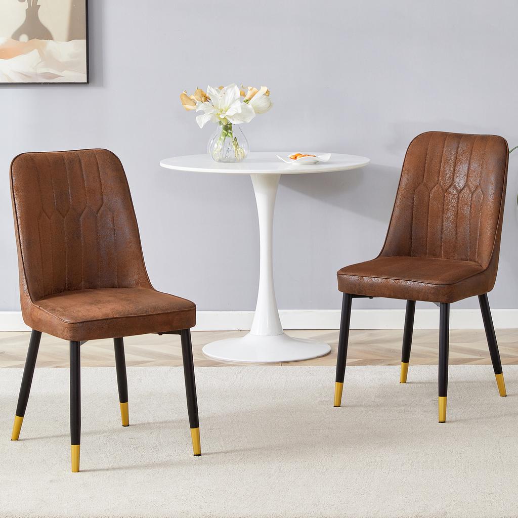 Set of 2 Modern Brown Dining Chairs, Tech-Fabric Backrest, Black Metal Legs
