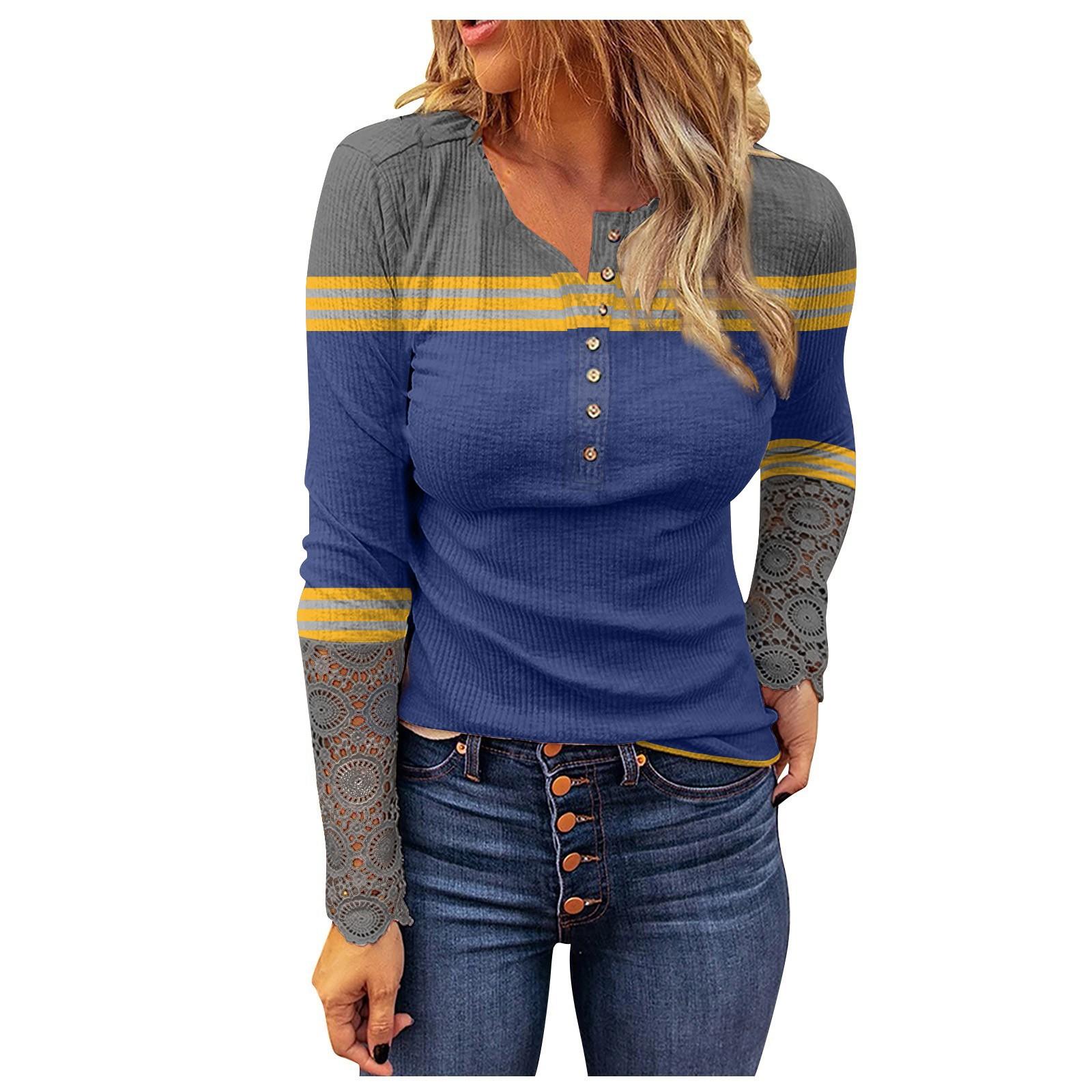 Women Long Sleeve Henley Shirt Patchwork Lace Sleeve Top Buttoned Ribbed Knit Blouse Casual Slim Fit L синий