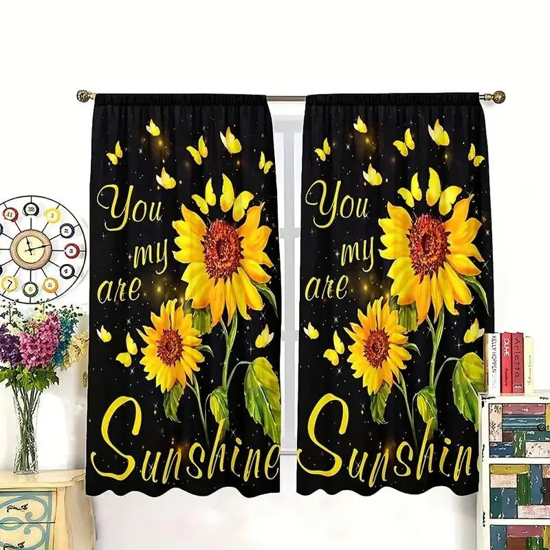 Set Of 2 Golden Butterfly Sunflowered Pattern Printed Curtains Window Decorations Home Room Curtain Polyester
