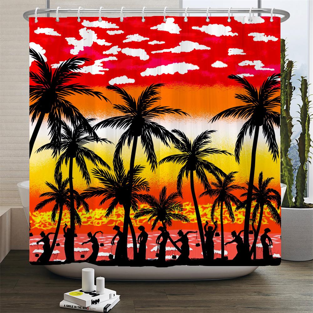 Strand Sonnenuntergang Palmen Landschaft 3D-Druck Duschvorhang Polyester Wasserdicht Heimdeko Vorhang Mit Haken Große Größe 300x180