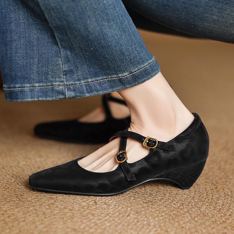 Krazing Pot Cow Skin Spring Summer Size 43 Size 42 Size 41 Thick Med Heels Women Square Toe Leisure Leopard Pumps