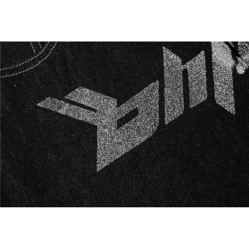 American Street Retro Letter Printing Washed Black Jeans Hip-hop Loose Straight Wide-leg Trousers Ins