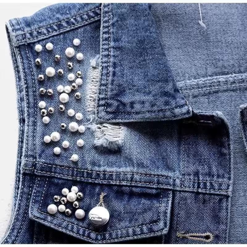 Women Denim Vest Pearls Spring Autumn Jeans Jacket Sleeveless Loose Short Coat Waistcoats Streetwear Female