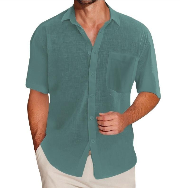 Men Simple Solid Color Lapel Short Sleeve Casual Shirt With Pocket