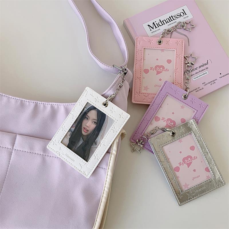 Cute Pu Leather Star Card Holder Photocard Holder Idol Photo Display Storage Protective Cover Keyring Pendant Bag Charms Gifts