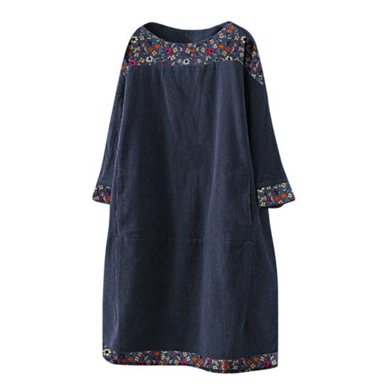 Dámské jarní šaty Velké velikosti Volný svetr Délka ke kolenům Kulatý výstřih Udržujte v teple Květinový potisk Patchwork Dámské šaty Dámský oděv